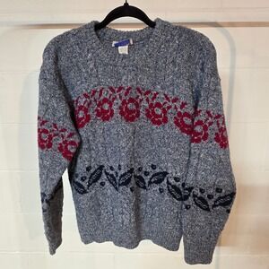 Vintage Cable Knit‎ Fair Isle Sweater Blue Red Floral Navy Leaf Pattern Unisex M